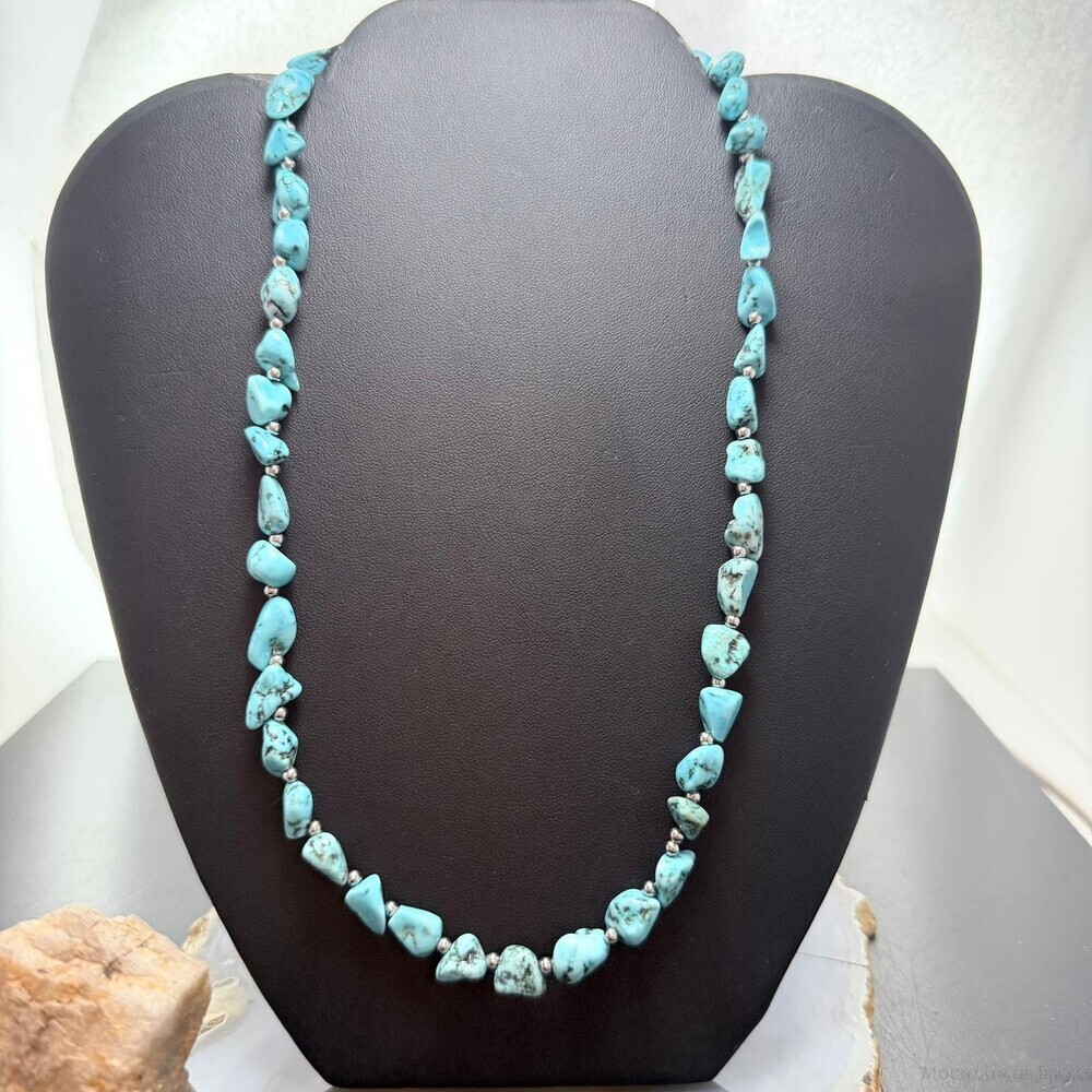 Sterling Southwestern Style Natural Turquoise w/Silver Beads Necklace For Women